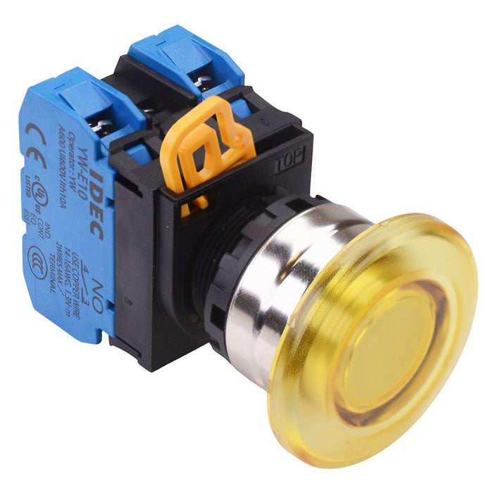 IDEC Yellow 12V illuminated 22mm Metal Bezel Mushroom Maintained Push Button Switch 2NO IP65 YW4L-A4E20Q3Y