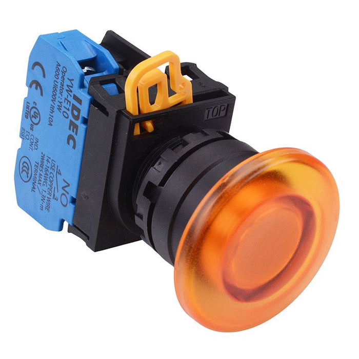 IDEC Amber 12V illuminated 22mm Mushroom Maintained Push Button Switch NO IP65 YW1L-A4E10Q3A