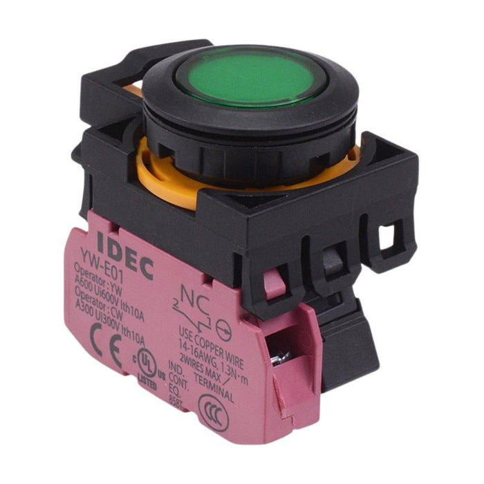 IDEC CW Series Green 12V illuminated Maintained Flush Push Button Switch 1NC IP65