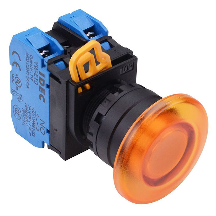 IDEC Amber 24V illuminated 22mm Mushroom Maintained Push Button Switch 2NO IP65 YW1L-A4E20Q4A