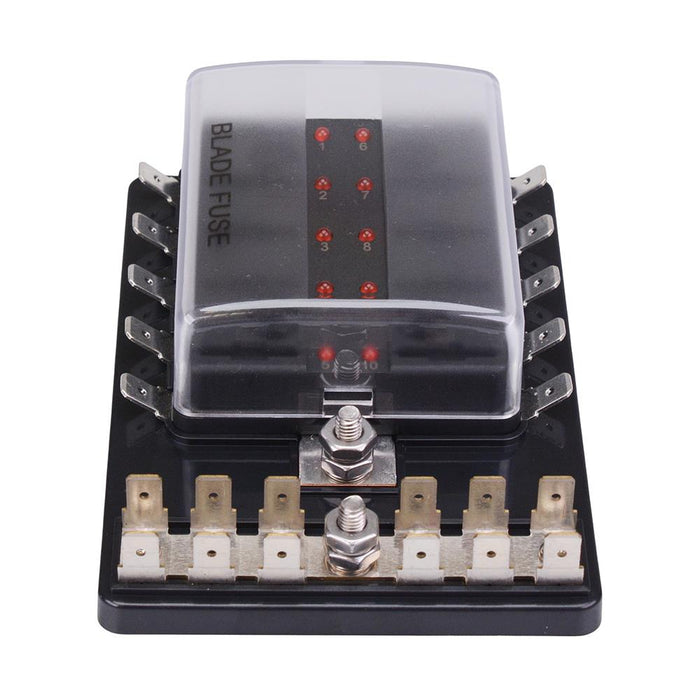 10 Way Standard Blade Fuse Box with LED Indication Negative Busbar 100A R3-76B-01-3L110