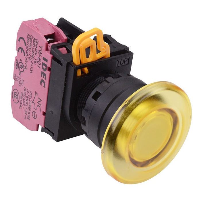 IDEC Yellow 24V illuminated 22mm Mushroom Maintained Push Button Switch NC IP65 YW1L-A4E01Q4Y