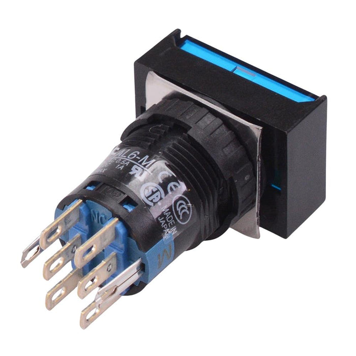 AL6H-A21PS Blue 16mm 5VDC Latching Rectangle illuminated Push Button Switch IP65 DPDT