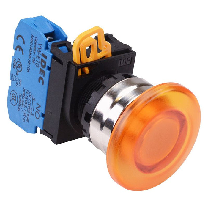 YW4L-A4E10Q0A Amber 22mm Metal Bezel Mushroom Maintained Push Button Switch NO IP65 IDEC
