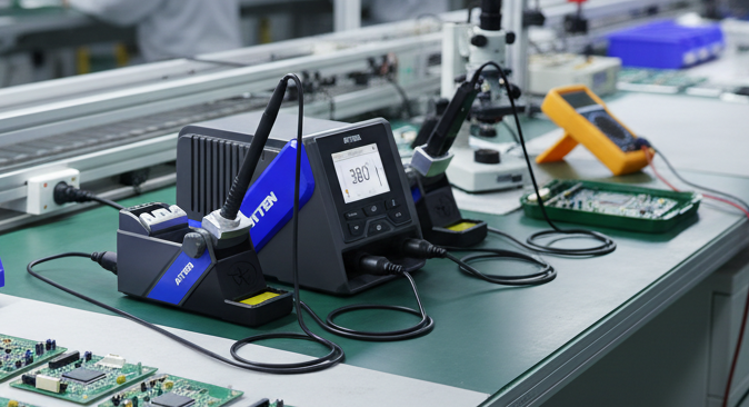 Workbench with electronic components and tools in a workshop setting