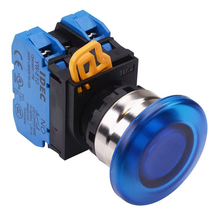 IDEC Blue 12V illuminated 22mm Metal Bezel Mushroom Maintained Push Button Switch 2NO IP65 YW4L-A4E20Q3S