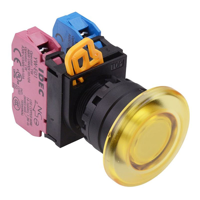 IDEC Yellow 22mm Mushroom Maintained Push Button Switch 1NO-1NC IP65 YW1L-A4E11Q0Y