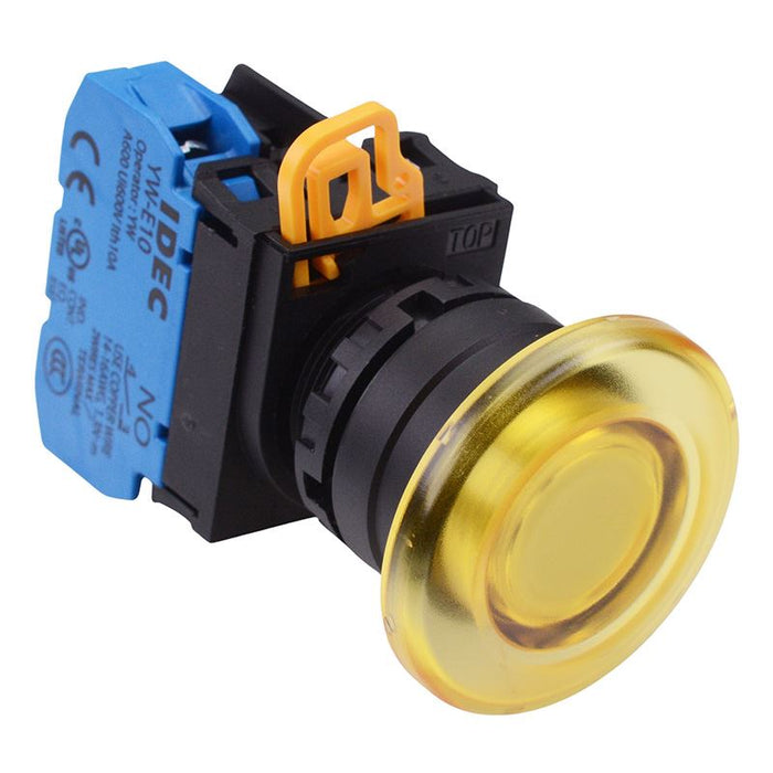 IDEC Yellow 24V illuminated 22mm Mushroom Maintained Push Button Switch NO IP65 YW1L-A4E10Q4Y