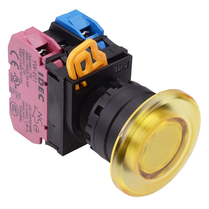 IDEC Yellow 24V illuminated 22mm Mushroom Maintained Push Button Switch 1NO-1NC IP65 YW1L-A4E11Q4Y