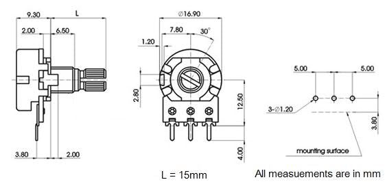 5K 16mm Logarithmic Splined Potentiometer