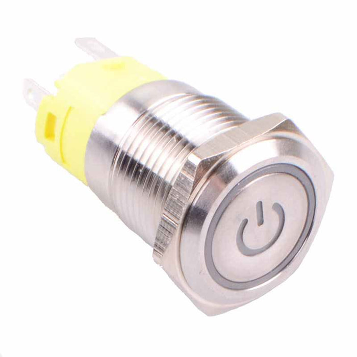 White LED On-On Latching 19mm Vandal Push Switch SPST Power Symbol