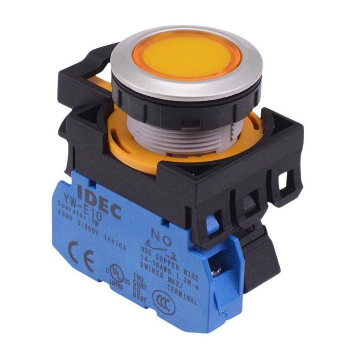 IDEC CW Series Yellow 24V illuminated Metallic Maintained Flush Push Button Switch 1NO IP65
