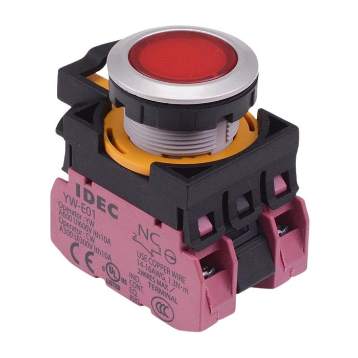 IDEC CW Series Red 24V illuminated Metallic Maintained Flush Push Button Switch 2NC IP65