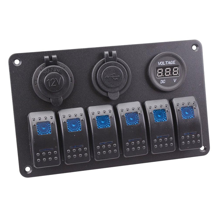 12V Automotive 7 Blue Rocker Switch + Power Socket + Dual USB + Voltmeter Panel