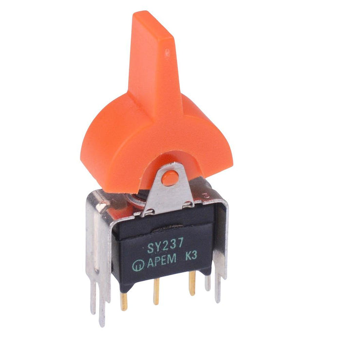 SY237CD-6 APEM Orange Paddle (On)-Off-(On) Momentary Washable PCB Miniature Toggle Switch SPDT 0.4A 20V