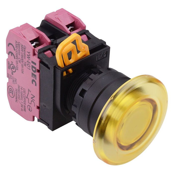 IDEC Yellow 24V illuminated 22mm Mushroom Maintained Push Button Switch 2NC IP65 YW1L-A4E02Q4Y