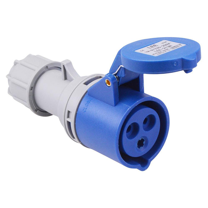 Blue 16A 230V 2P+E Industrial Inline Socket IP44