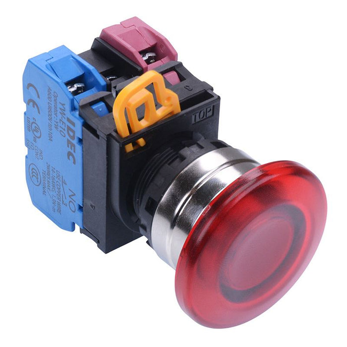 IDEC Red 12V illuminated 22mm Metal Bezel Mushroom Maintained Push Button Switch 1NO-1NC IP65 YW4L-A4E11Q3R