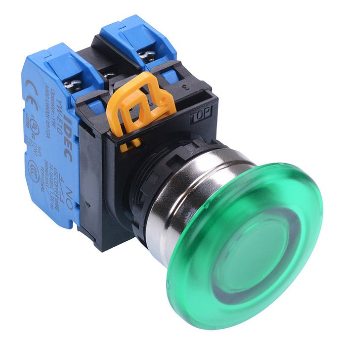 YW4L-A4E20Q4G Green 24V 12V illuminated 22mm Metal Bezel Mushroom Maintained Push Button Switch 2NO IP65 IDEC