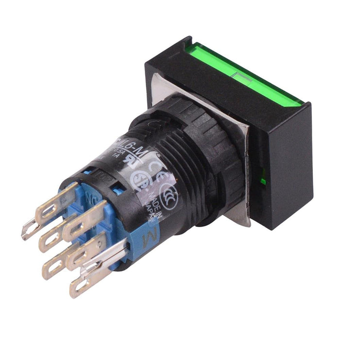 AL6H-A24PGC Green 16mm 24V Latching Rectangle illuminated Push Button Switch IP65 DPDT