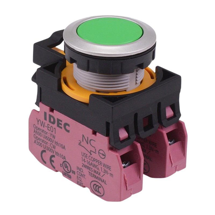 IDEC CW Series Green Metallic Maintained Flush Push Button Switch 2NC IP65