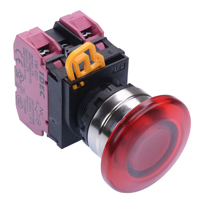 IDEC Red 12V illuminated 22mm Metal Bezel Mushroom Momentary Push Button Switch 2NC IP65 YW4L-M4E02Q3R