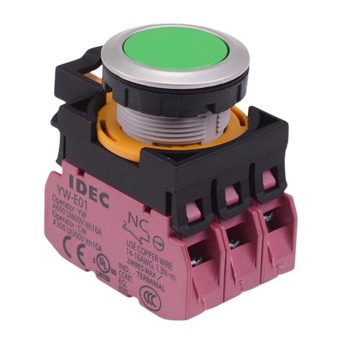 IDEC CW Series Green Metallic Maintained Flush Push Button Switch 3NC IP65