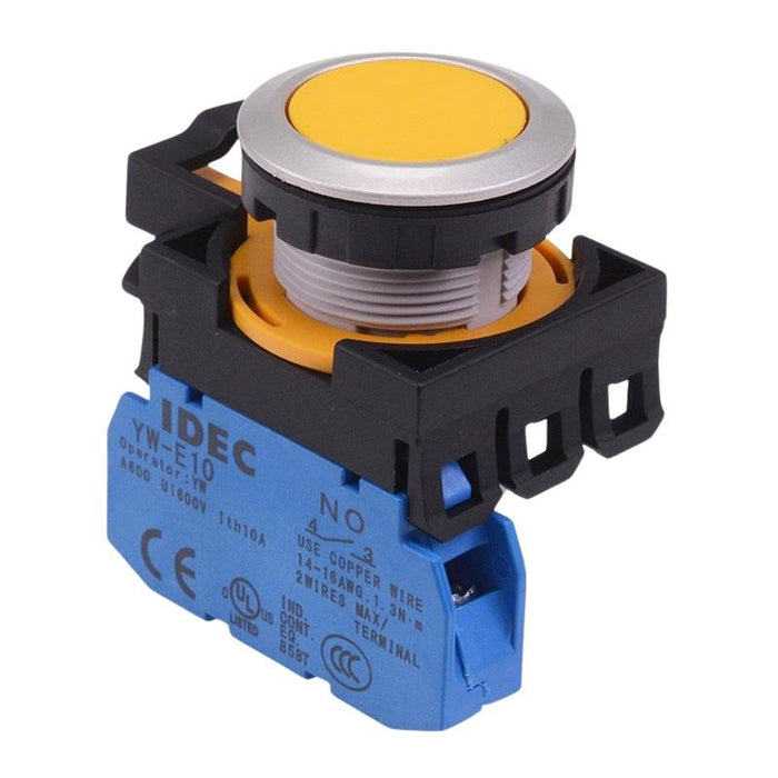 IDEC CW Series Yellow Metallic Maintained Flush Push Button Switch 1NO IP65