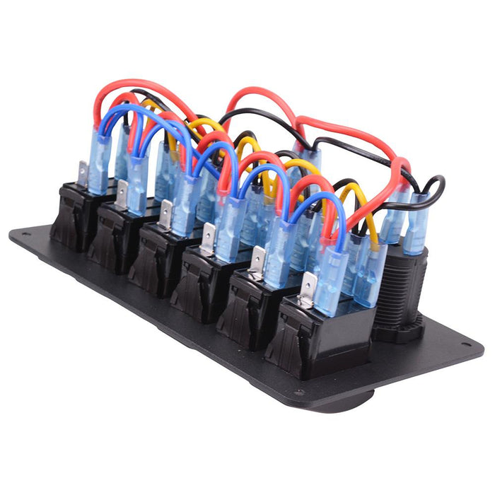 12V Automotive 7 Blue Rocker Switch + Power Socket + Dual USB + Voltmeter Panel