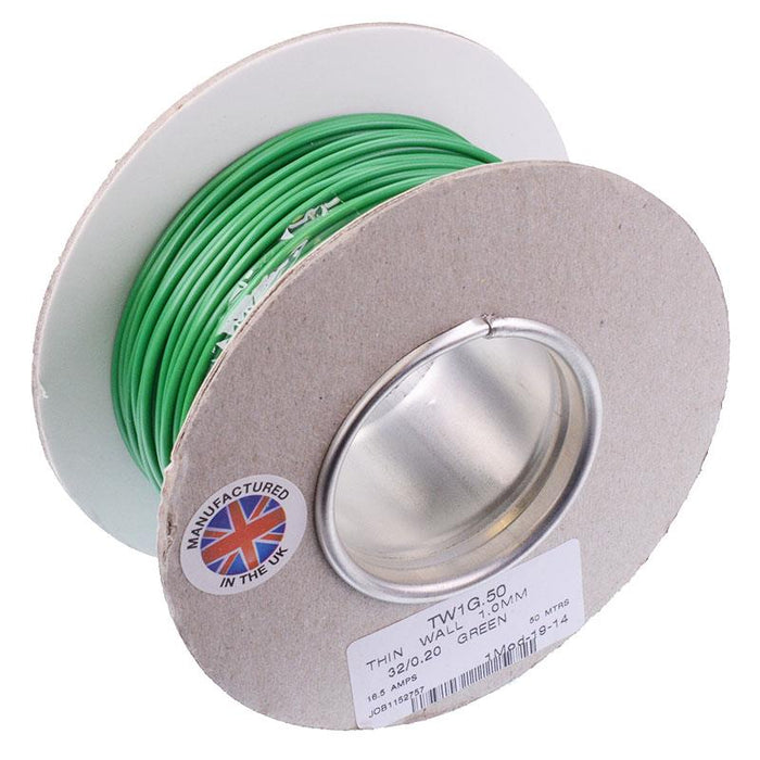 Green 1mm Thin Wall Cable 32/0.2mm 50M Reel 16.5A