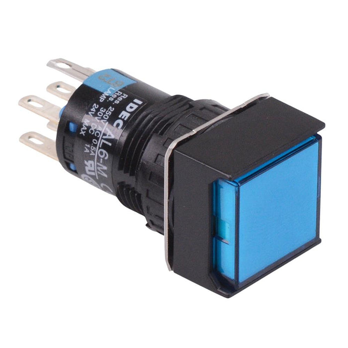 AL6Q-A21PS Blue 16mm 5VDC Latching Square illuminated Push Button Switch IP65 DPDT