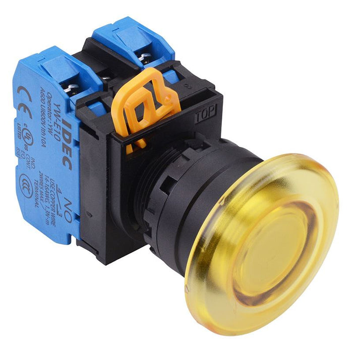 IDEC Yellow 24V illuminated 22mm Mushroom Maintained Push Button Switch 2NO IP65 YW1L-A4E20Q4Y