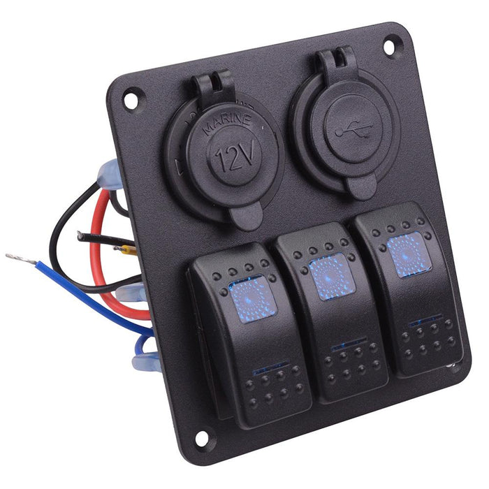 12V Automotive 3 Blue Rocker Switch + Power Socket + Dual USB Panel