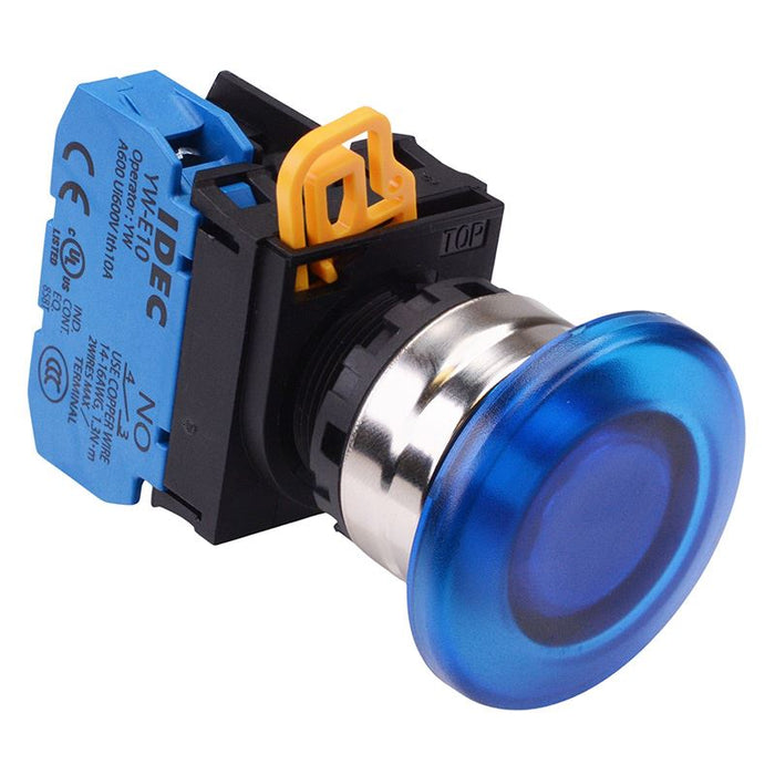 IDEC Blue 12V illuminated 22mm Metal Bezel Mushroom Maintained Push Button Switch NO IP65 YW4L-A4E10Q3S
