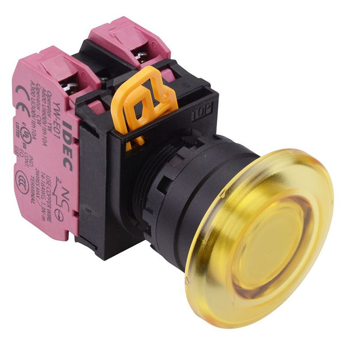IDEC Yellow 12V illuminated 22mm Mushroom Momentary Push Button Switch 2NC IP65 YW1L-M4E02Q3Y