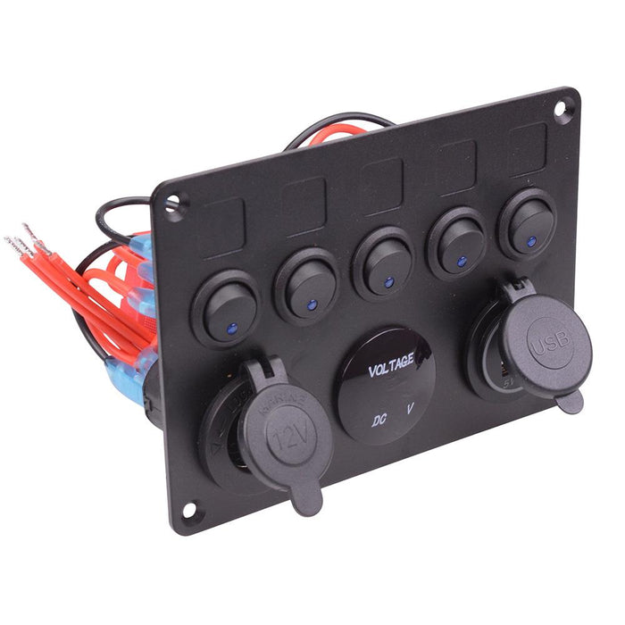 12V Automotive 5 Blue Rocker Switch + Power Socket + Dual USB + Voltmeter Panel