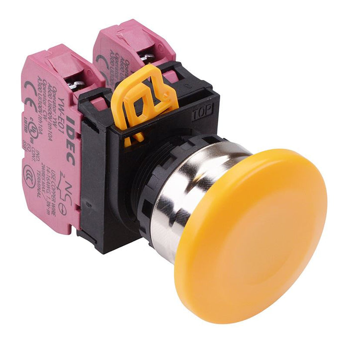 IDEC Yellow 22mm Metal Bezel Mushroom Maintained Push Button Switch 2NC IP65 YW4B-A4E02Y