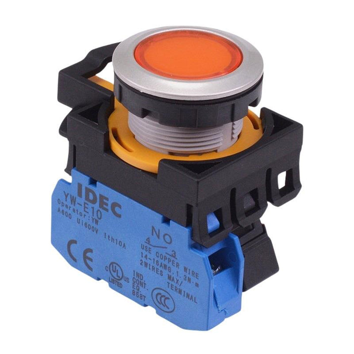 IDEC CW Series Amber 12V illuminated Metallic Momentary Flush Push Button Switch 1NO IP65