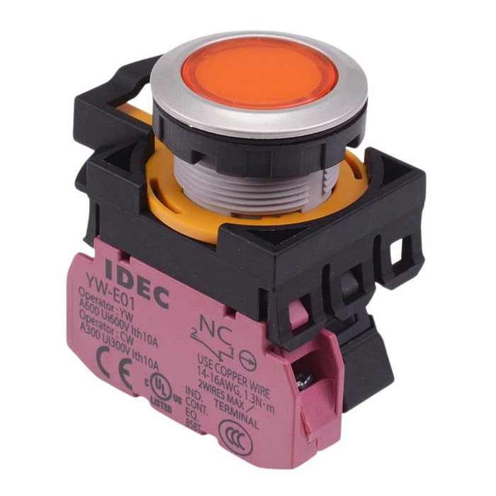 IDEC CW Series Amber 24V illuminated Metallic Maintained Flush Push Button Switch 1NC IP65