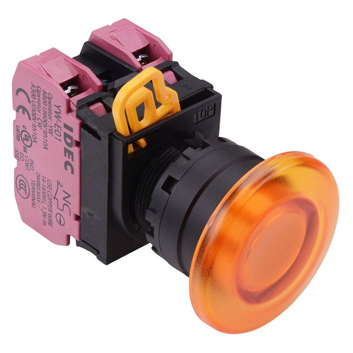 IDEC Amber 24V illuminated 22mm Mushroom Maintained Push Button Switch 2NC IP65 YW1L-A4E02Q4A