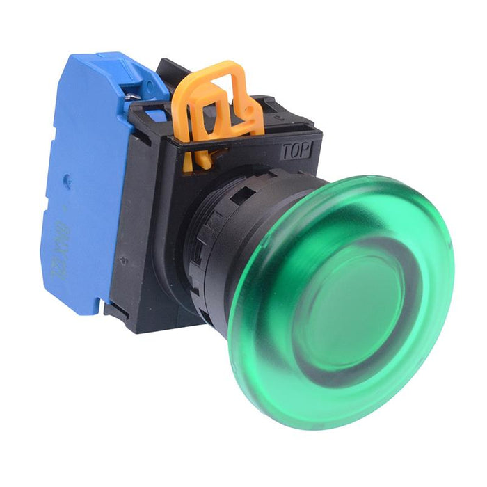IDEC Green 24V illuminated 22mm Mushroom Maintained Push Button Switch NO IP65 YW1L-A4E10Q4G