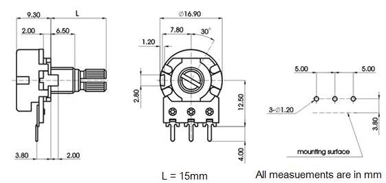 50K 16mm Linear Splined Potentiometer