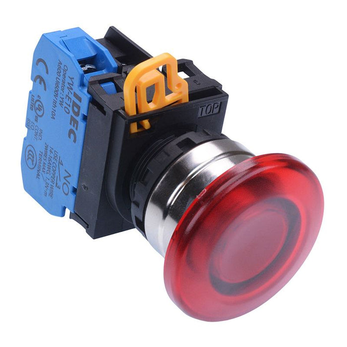 IDEC Red 12V illuminated 22mm Metal Bezel Mushroom Maintained Push Button Switch NO IP65 YW4L-A4E10Q3R