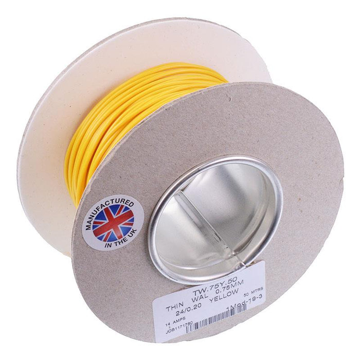 Yellow 0.75mm² Thin Wall Cable 24/0.2mm 50M