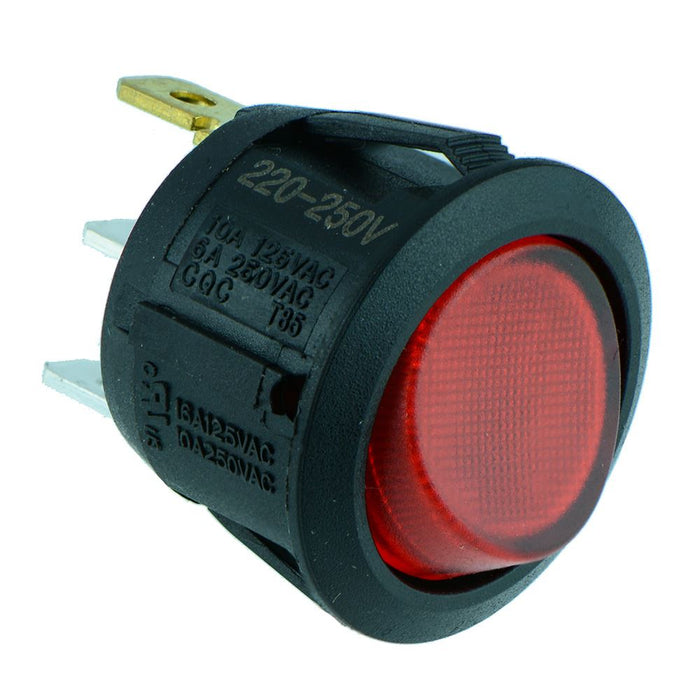 Red illuminated Round Rocker Switch SPST 230V 10A R13-112B-02