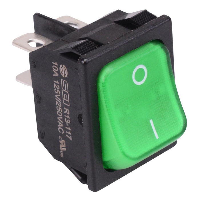 Green 230V illuminated On-Off Rectangle Rocker Switch DPST 10A R13-117B-01