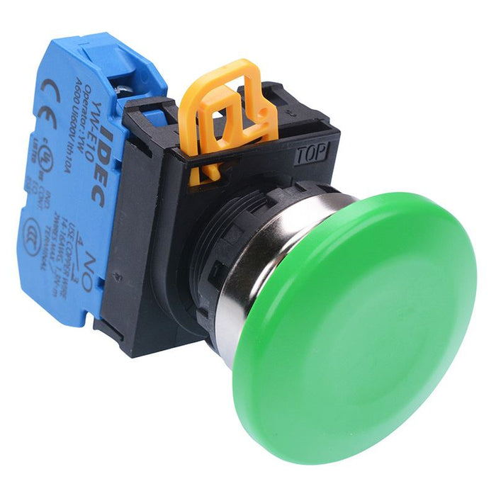 IDEC Green 22mm Metal Bezel Mushroom Momentary Push Button Switch NO IP65 YW4B-M4E10G