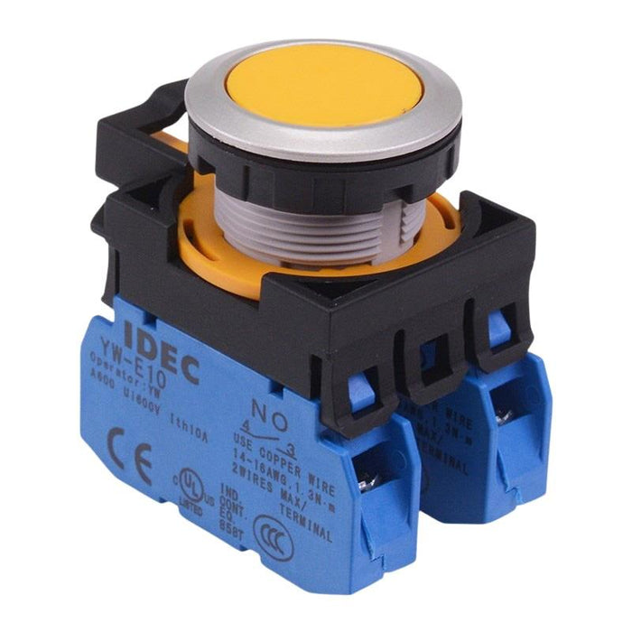 IDEC CW Series Yellow Metallic Maintained Flush Push Button Switch 2NO IP65