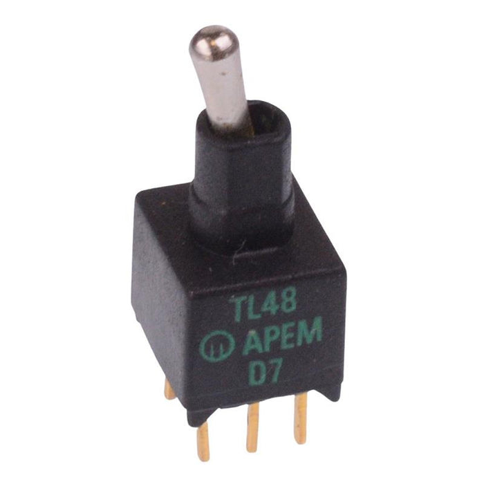 TL48P005000 APEM On-Off-(On) Momentary Subminiature Washable PCB Toggle Switch DPDT