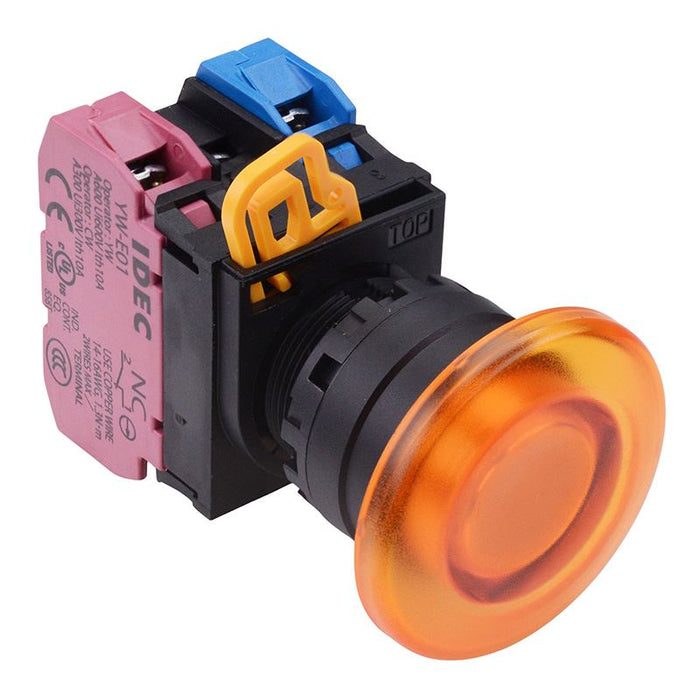 IDEC Amber 24V illuminated 22mm Mushroom Maintained Push Button Switch 1NO-1NC IP65 YW1L-A4E11Q4A
